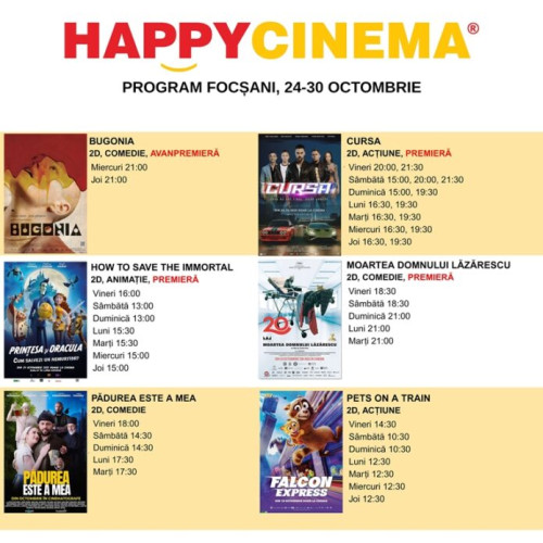 Noile filme și programul săptămânal la Happy Cinema Focșani